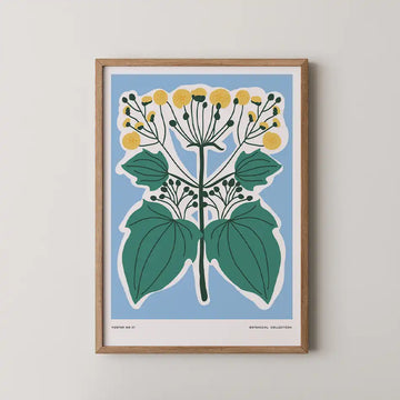 Botanical Symmetry art print featuring vibrant yellow flowers and green leaves on a light blue background, perfect for modern home decor.