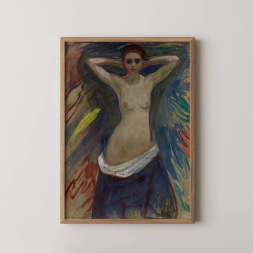 Painting of a nude woman with arms raised against a vibrant, abstract background, framed in wood.