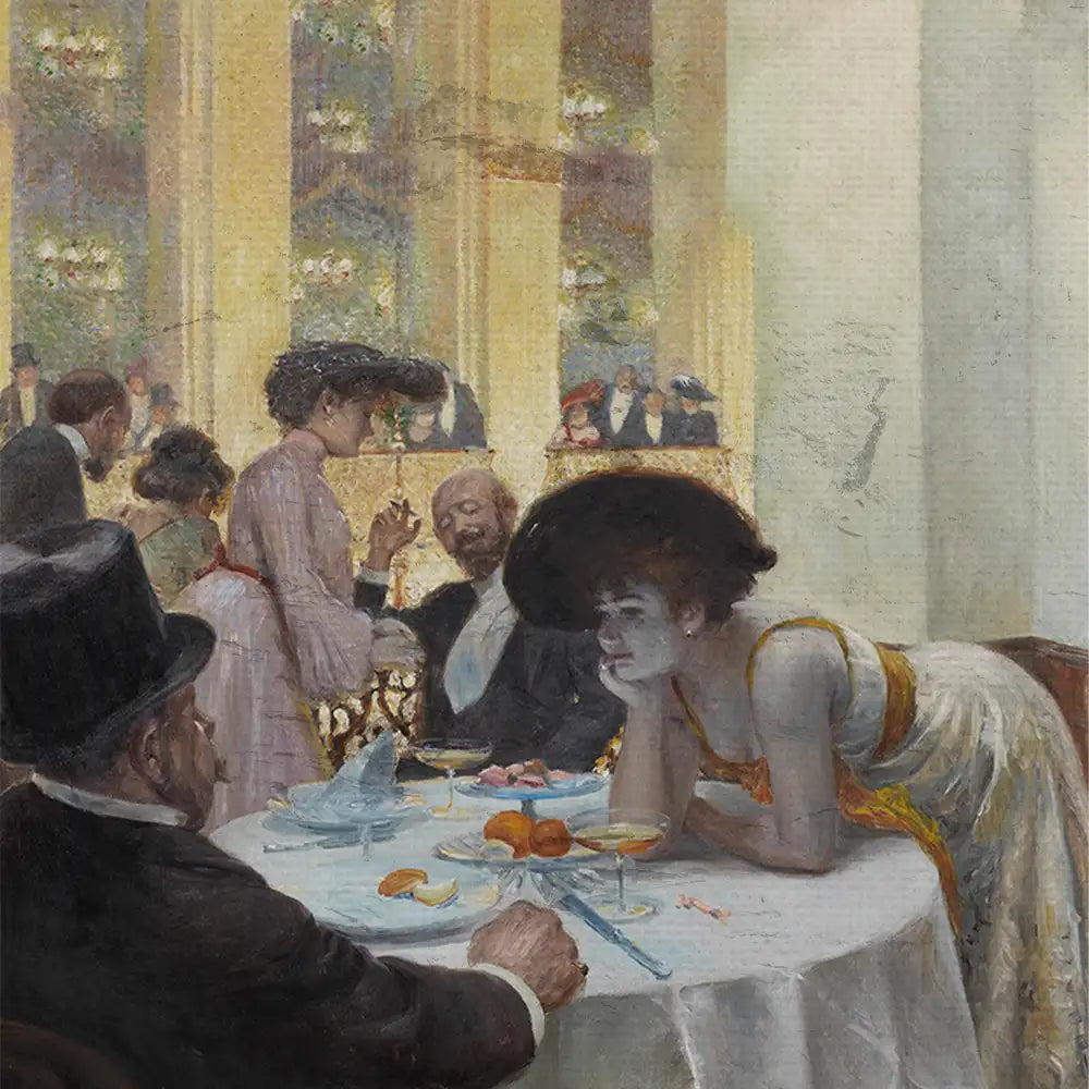 Painting of a social gathering in an elegant setting, featuring well-dressed individuals at a table with food and drinks, showcasing a woman in a white dress and large hat, lost in thought.