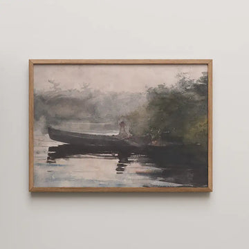 Painting of a calm waterscape featuring a boat near the shore, surrounded by trees and mist. Framed in a Oak wood frame.