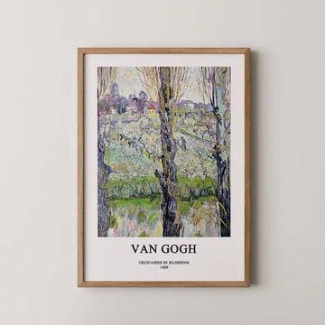 Framed poster of Vincent van Gogh's painting "Orchards in Blossom" from 1889, featuring blossoming trees and a colorful landscape.