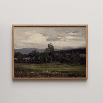 Gerhard Munthe landscape painting titled Fields at Hedmark in Summer, showing an open meadow and distant hills under a wide, softly clouded evening sky.