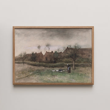 Watercolor painting of a rural landscape with a woman tending to the ground in front of a rustic house, framed in natural wood.