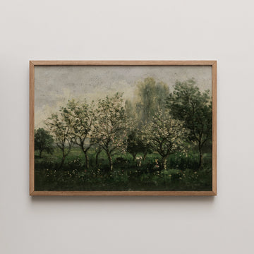 Charles-Francois Daubigny landscape painting titled Apple Trees in Blossom, a spring orchard with figures resting in the grass.