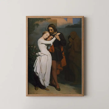 Framed painting of a couple embracing, with a backdrop featuring muted figures and a garden scene.