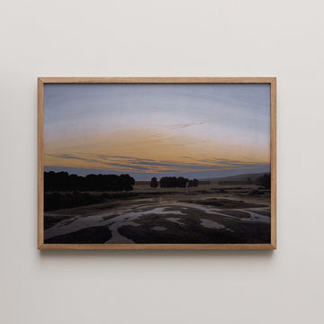 Caspar David Friedrich landscape painting titled The Grosse Gehege near Dresden, a still floodplain beneath a glowing dusk sky.